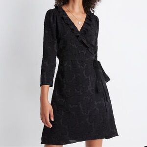 NEW Ruffled Wrap Dress Floral Jacquard, Black, M